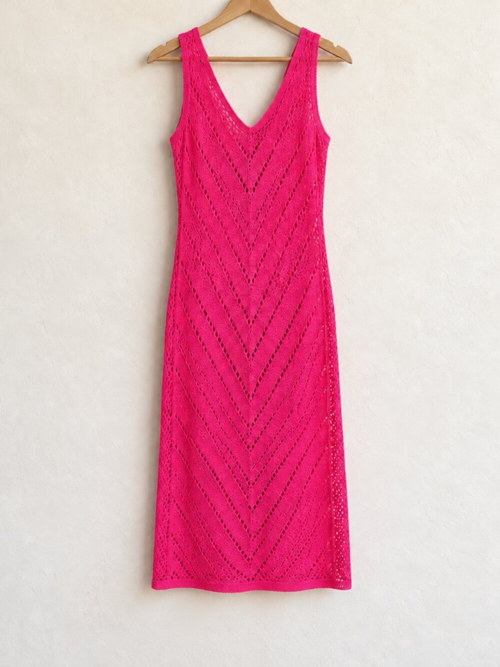 Hot Pink Crochet Swim Cover Up Dress Medium V Neck Beach Resort Vacation